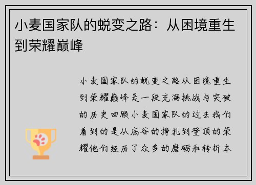 小麦国家队的蜕变之路：从困境重生到荣耀巅峰